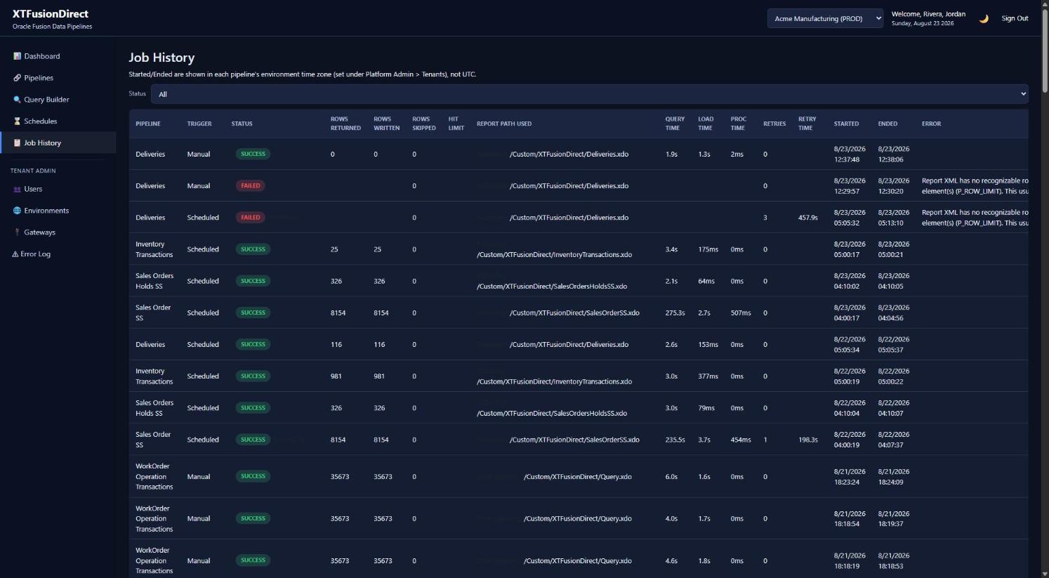 XTFusionDirect job history screen showing rows written, retries, and error detail for each run