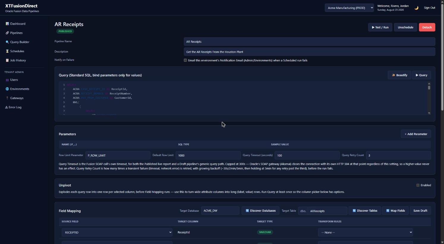 XTFusionDirect pipeline detail screen showing the query editor, parameters, and field mapping