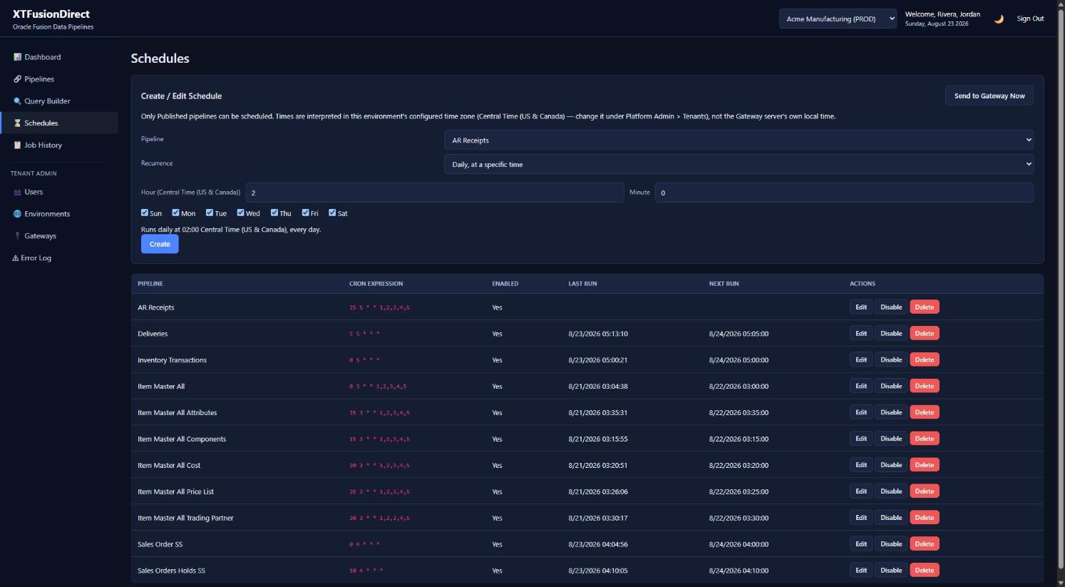 XTFusionDirect schedules screen showing recurrence, enabled state, and next run time for each pipeline